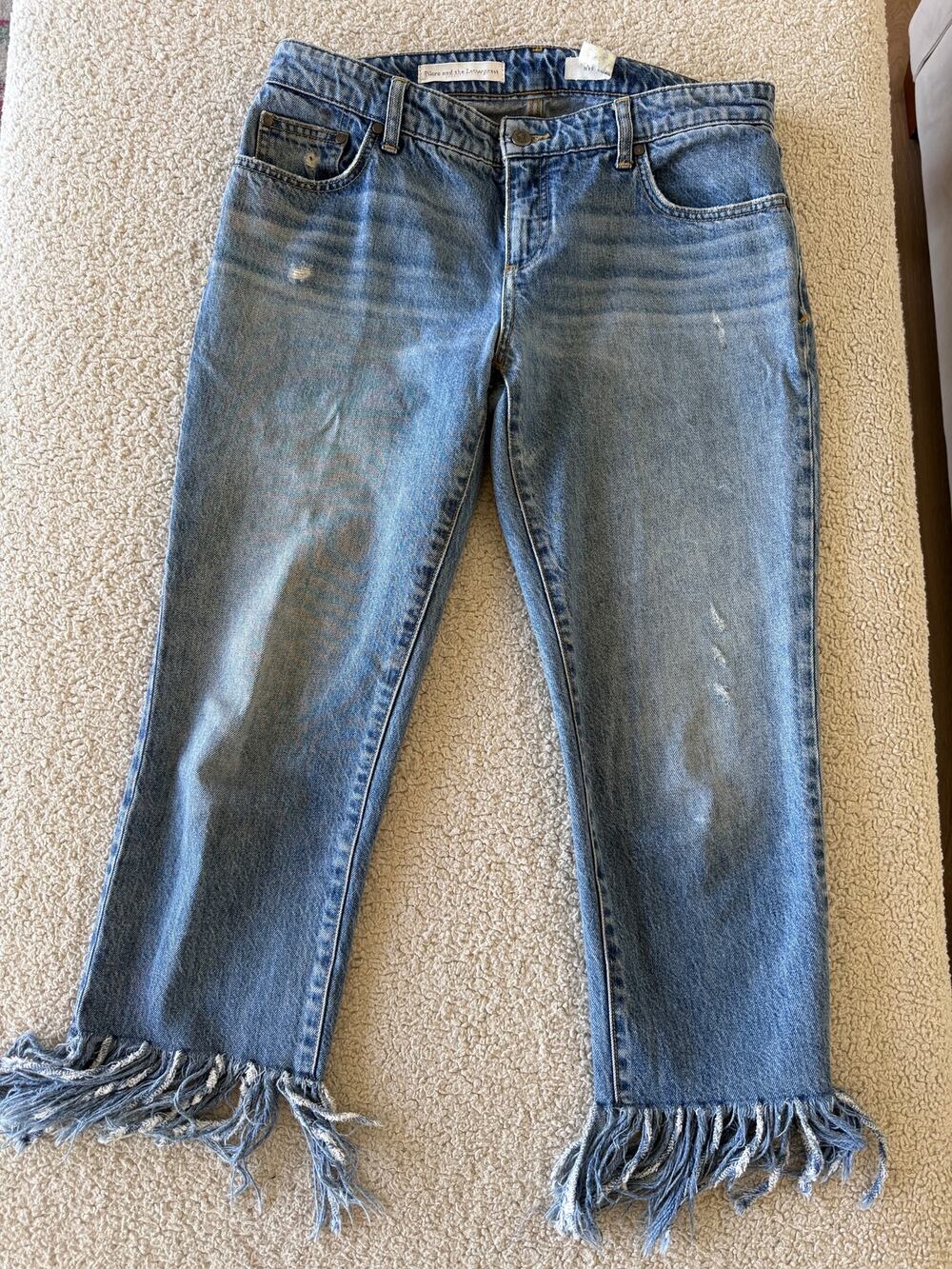 Pilcro (Anthropologie) Letterpress Hyphen Jeans Fringe Hem Distressed Boyfriend.